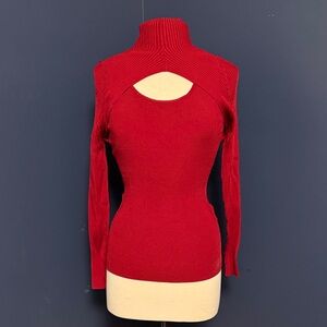 White House Black Market Red Ribbed Cutout Turtleneck Sweater